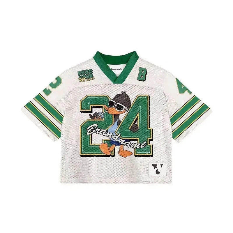 European and American trendy men T-shirts mesh short-sleeved quick-drying football jerseys retro streetwear V-neck loose tops