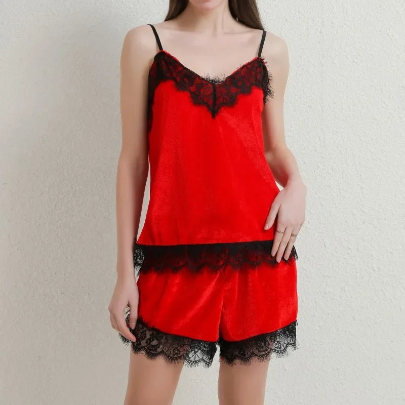 Sexy Sleepwear Bow Shorts V-Neck Tops Velvet Pajamas Sleepwear