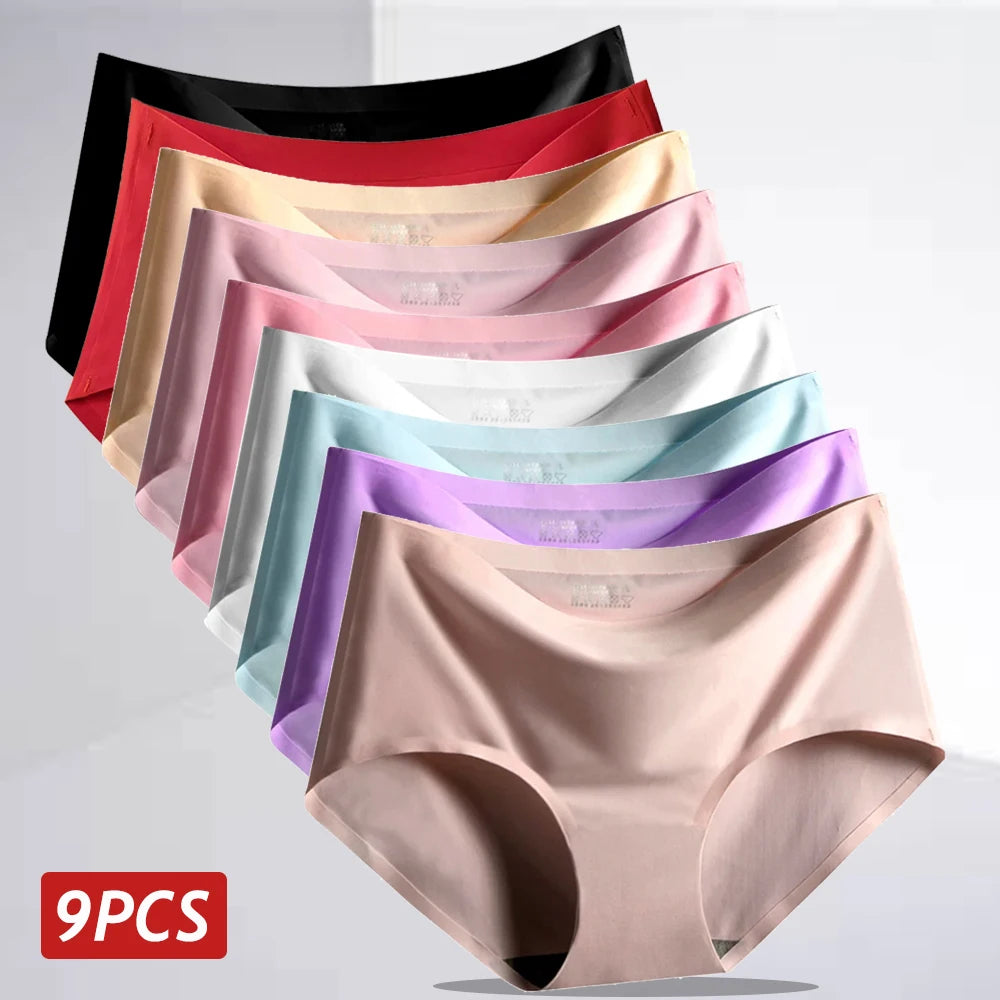 9PCS Ice Silk Seamless Panties For Women Sexy Mid Rise Underwear Female Intimate Briefs Breathable Comfort Large Size Lingerie