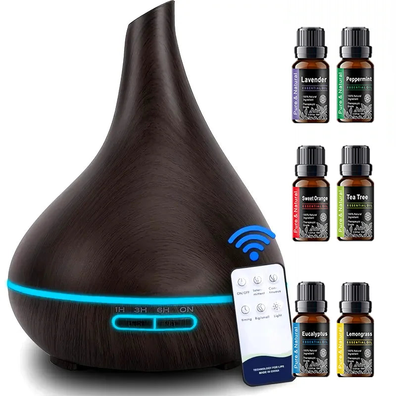 Wood Grain Aromatherapy Humidifier: 16.91oz USB Diffuser with 6 Essential Oils, Timer, LED Light, Soundwave Cold Mist for Bedroo