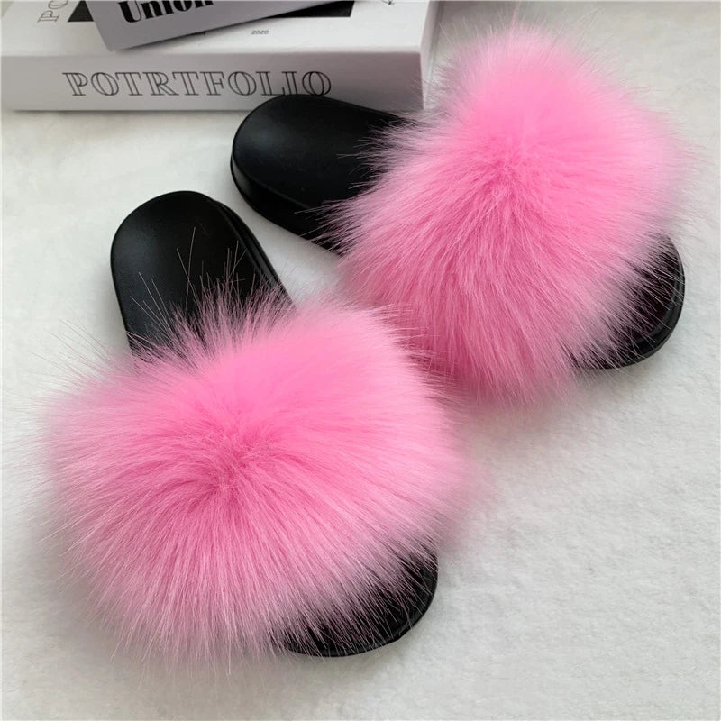 Faux Fur Slippers Women Home Fluffy Flat Slides Winter Comfort Furry House Sweet Shoes Female Slipper Indoor Flip Flops