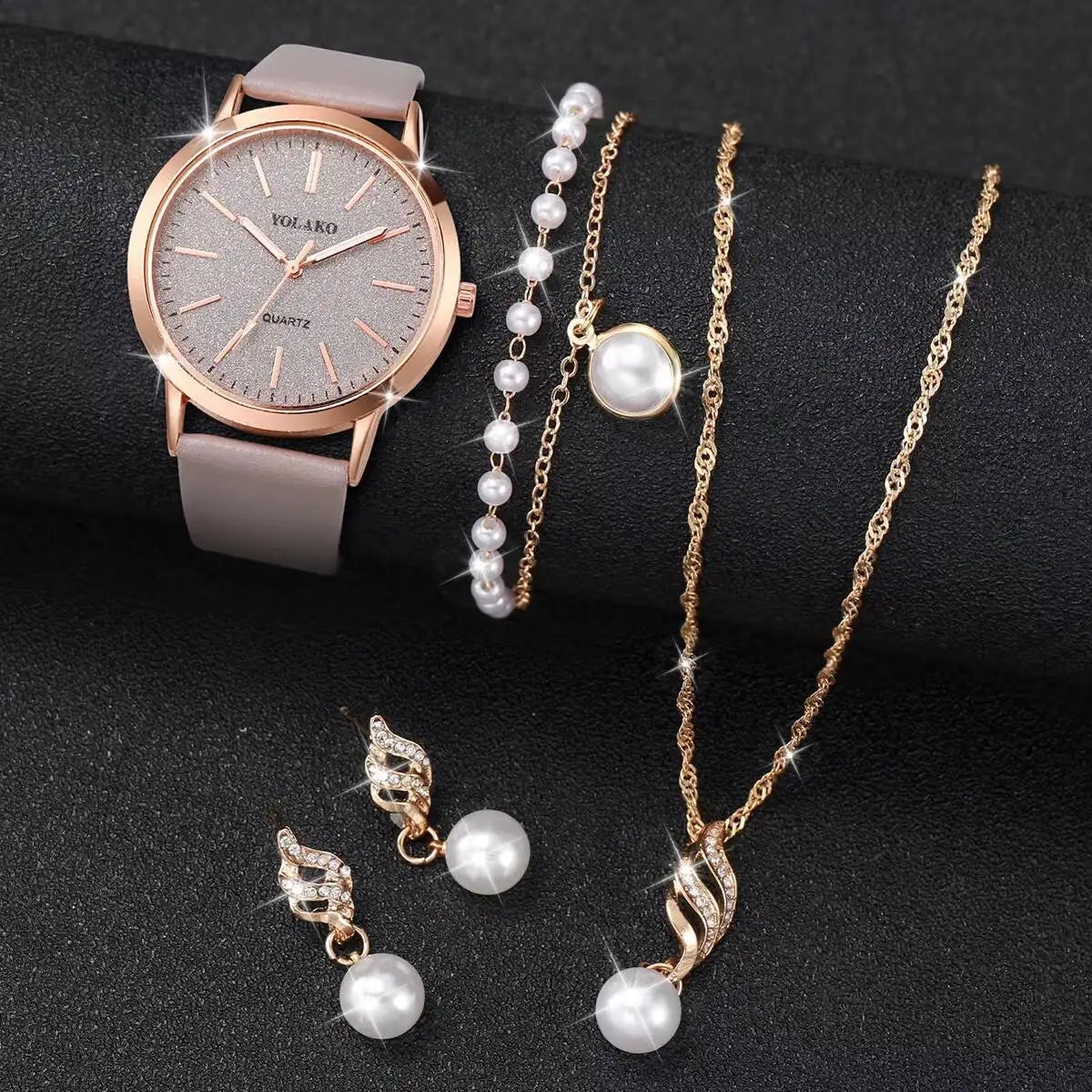 5PCS/Set Fashion Women Watches Simple Leather Strap Quartz Wristwatch Pearls Jewelry Set Reloj Mujer（Without Box）