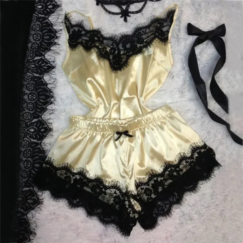 Women Sleep Wear Camisole Bow Shorts V-Neck Tops Velvet Pajamas Sleepwear