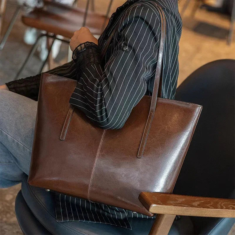 Burminsa Cowhide Genuine Leather Large Tote Bags For Women 2025 Trend Designer A4 Commuter Shoulder Bags Shopper Ladies Handbags