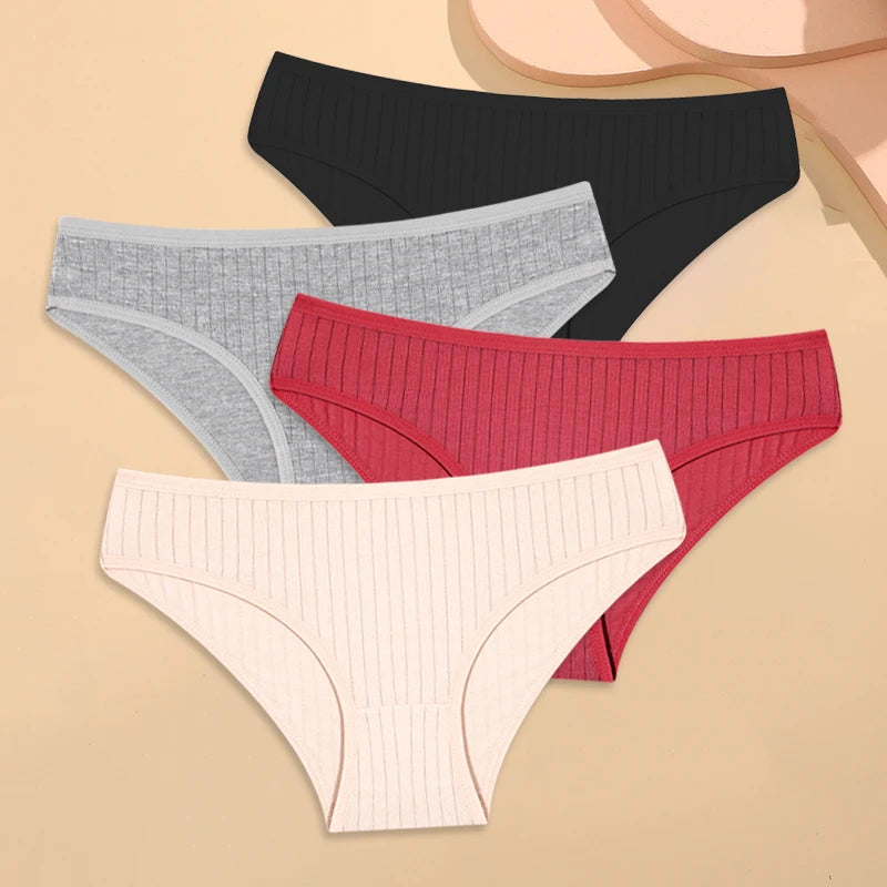 4PCS Cotton Women's Breathable Underwear Sexy Striped Panties Plus Size Low-Waist Briefs Female Comfortable Sport Lingerie S-XXL