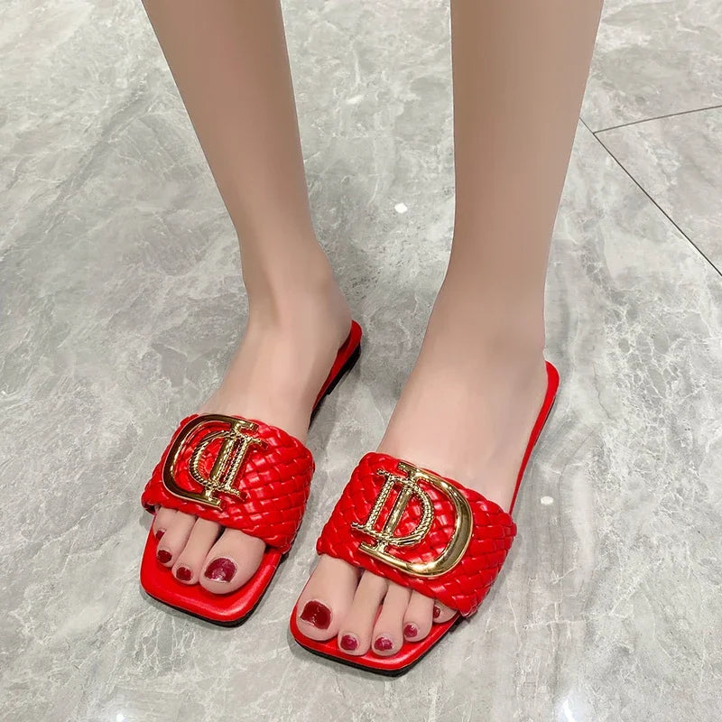 Women Slippers Party Sexy Elegant Slippers Women Luxury Decor Weave Designer Flat Sandals Fashion Open-toe Vacation Slides Women