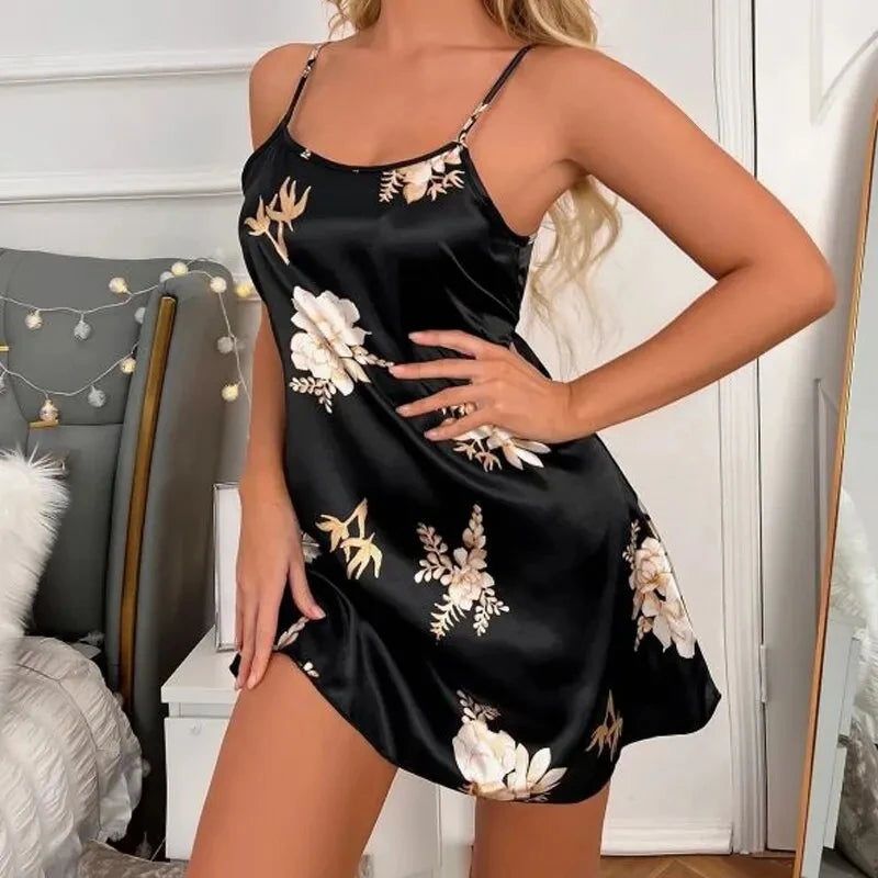 Women Sexy Black Floral Printing Nightdress Sleepwear Nightshirts Silk Nightgowns