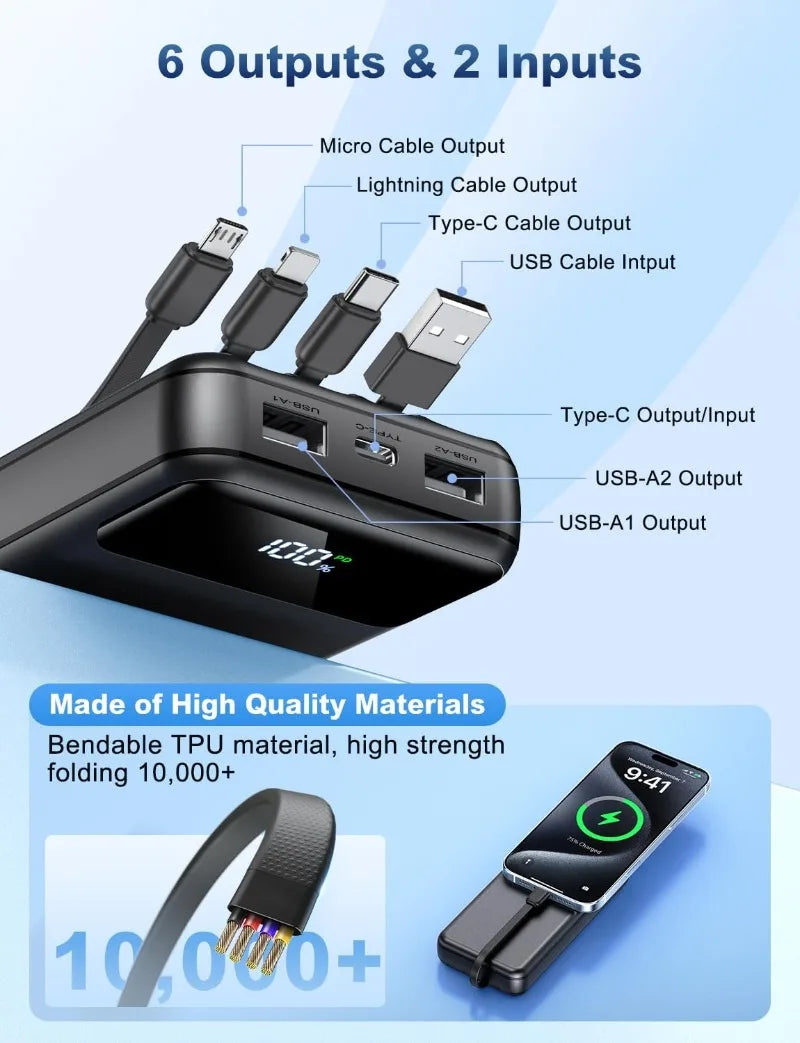 Portable Charger Power Bank 50000mAh Battery Pack, 22.5W Fast Charging with Built in Cables,Travel Essential USB-C Por