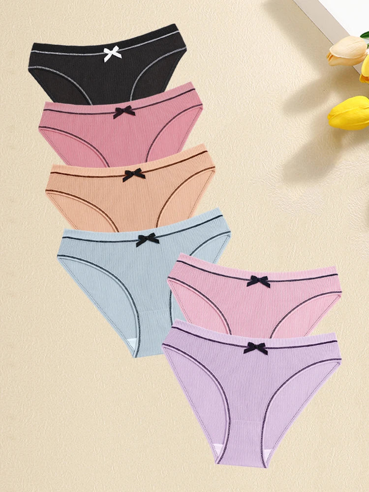 FINETOO 6Pcs Women's Ribbed Underwear Sexy Bow Tie Mid-Waist Panties Girls Solid Color Breathable Briefs Sports Soft Lingerie