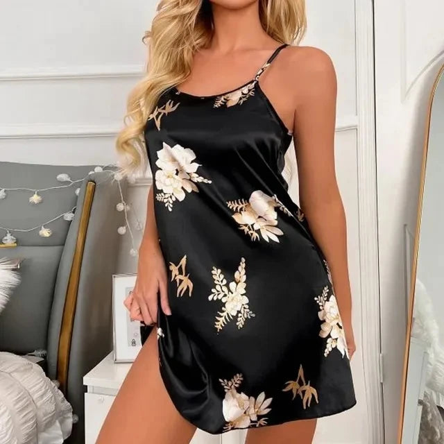Women Sexy Black Floral Printing Nightdress Sleepwear Nightshirts Silk Nightgowns