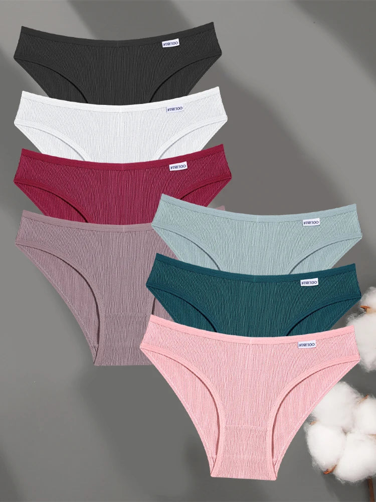 FINETOO 7Pcs Cotton M-3XL Striped Underwear Women's Breathable Panties Sexy V Waist Comfortable Briefs Ladies Low Waist Lingerie