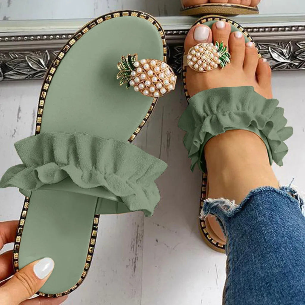 Pineapple Pearl Bohemian Flat Sandals for Women - Stylish Summer Beach Footwear, Plus Size Available