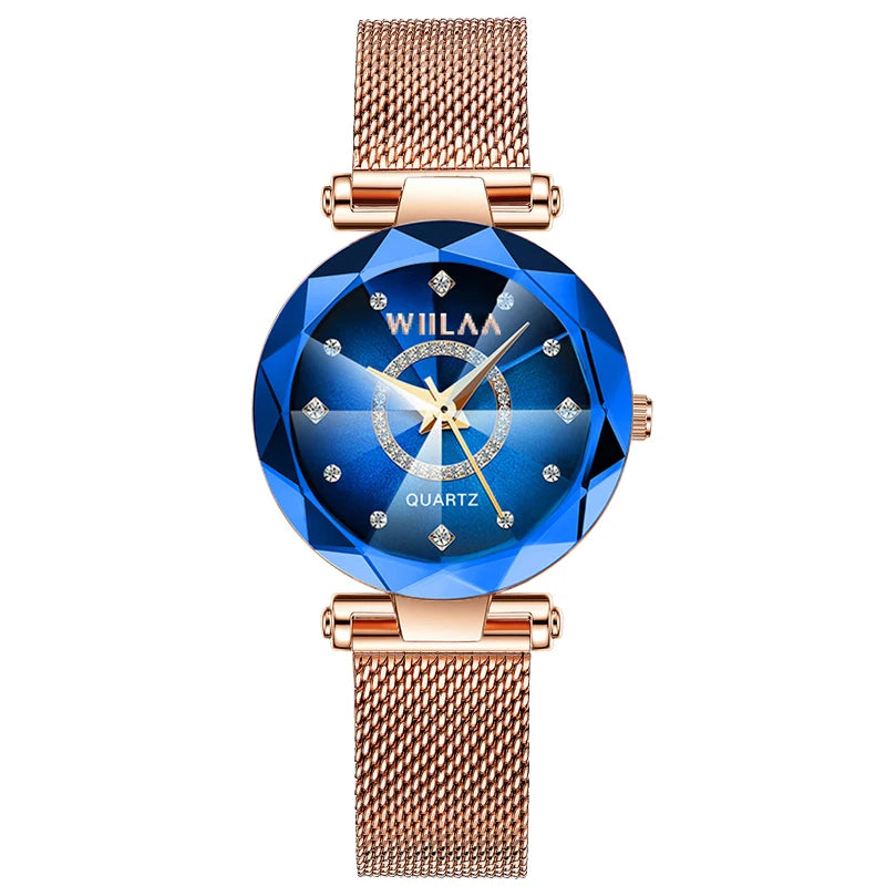 WIILAA Ocean Star Women Crystal Watch 2025 Top Brand Luxury Rose Gold Women Bracelet Wrist Watch For Ladies Relogio Feminino