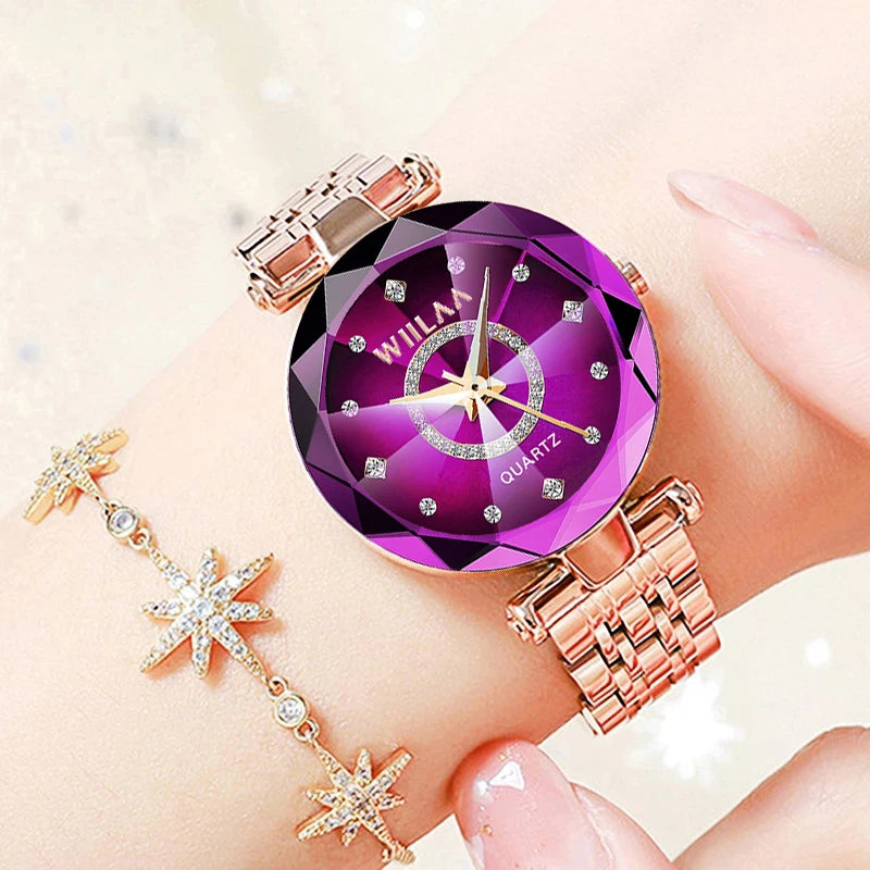 WIILAA Ocean Star Women Crystal Watch 2025 Top Brand Luxury Rose Gold Women Bracelet Wrist Watch For Ladies Relogio Feminino