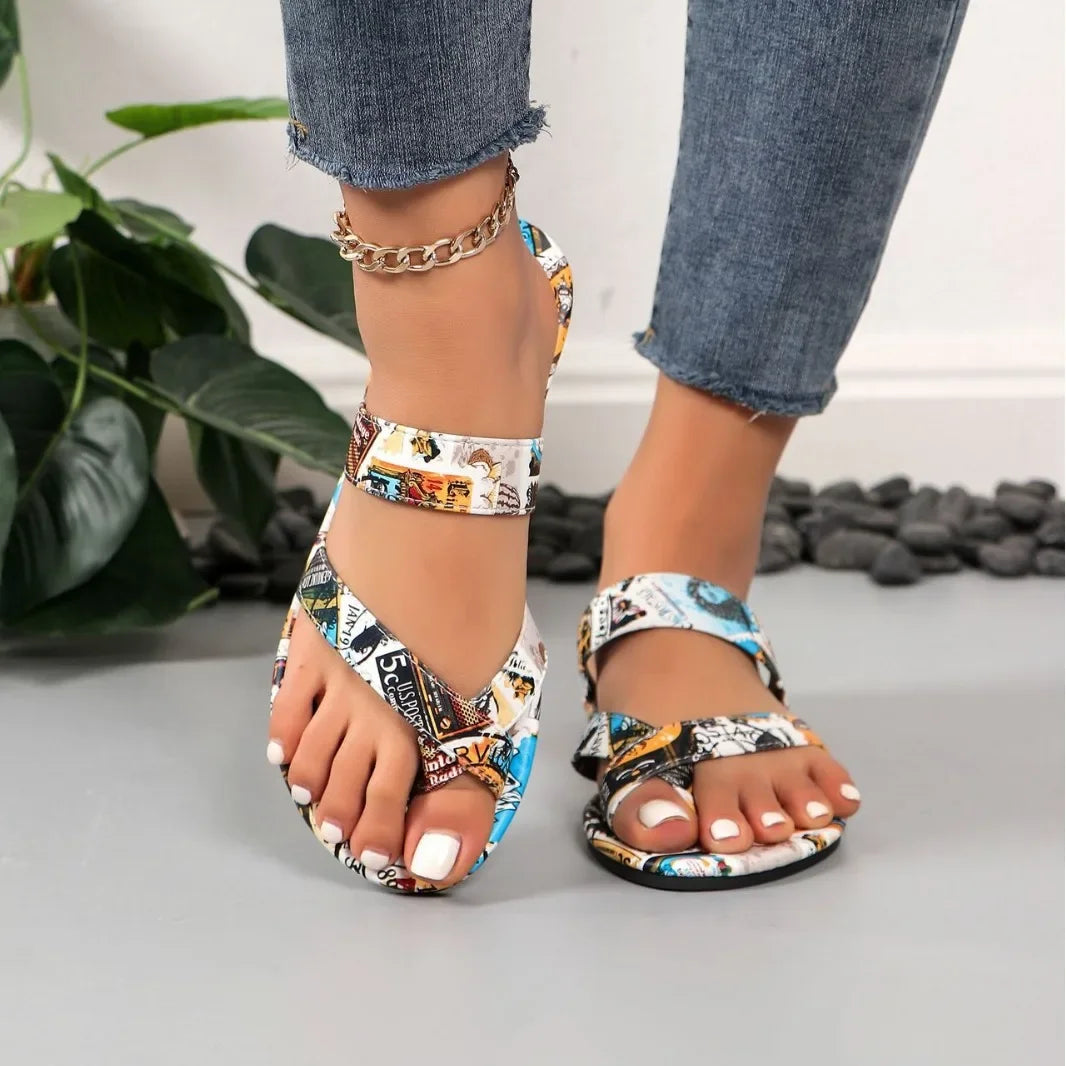 Women Sandals Flat Sandals  Summer New Fashion Printing comfort  for Women Retro Beach Flip Flops Zapatos De Mujer