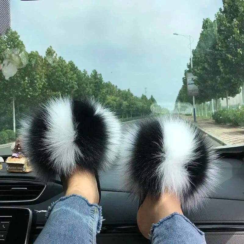 Fur Slippers Women Summer Fluffy Plush Casual Fluffy Flat Non-Slip Real Fox Fur Slides Outdoor Flat Ladies Sandals Flip Flops