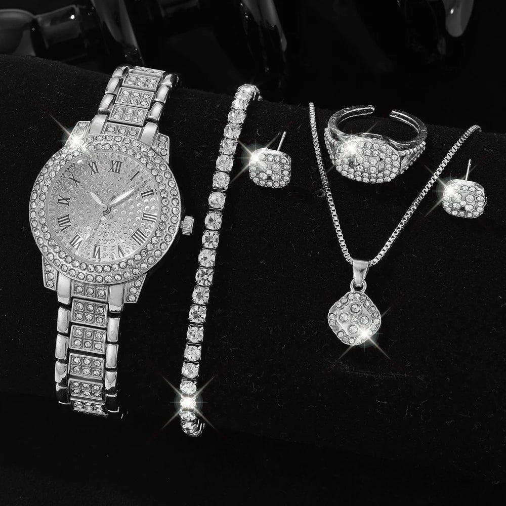 6PCS/SET Silver Women's Element Luxury Dial Quartz Watch Jewelry Set