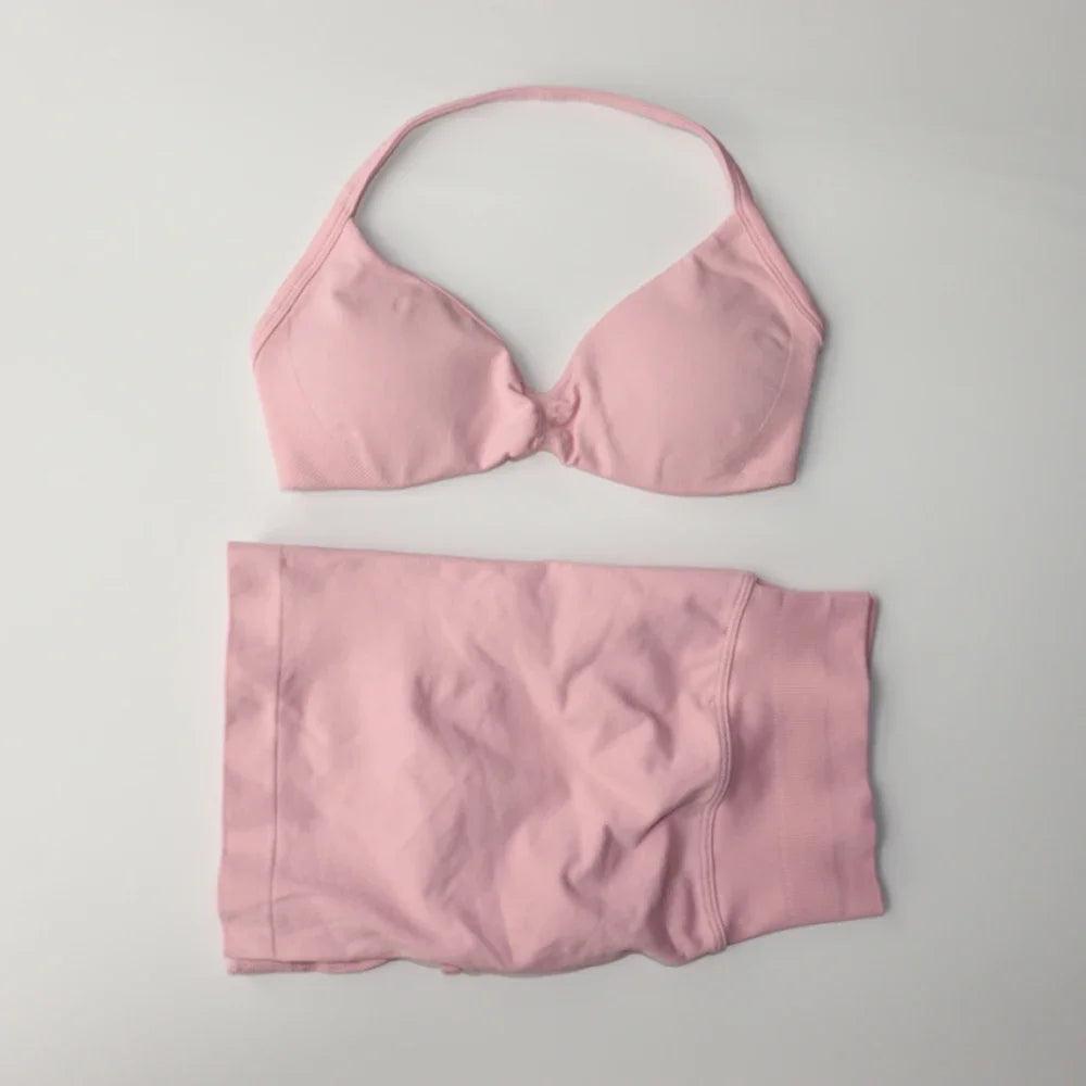 Impact Gym Set Women Two Piece Strappy Yoga Bra Top Workout Scrunch Shorts Suit Fitness Clothes Seamless Sportswear Workout Set