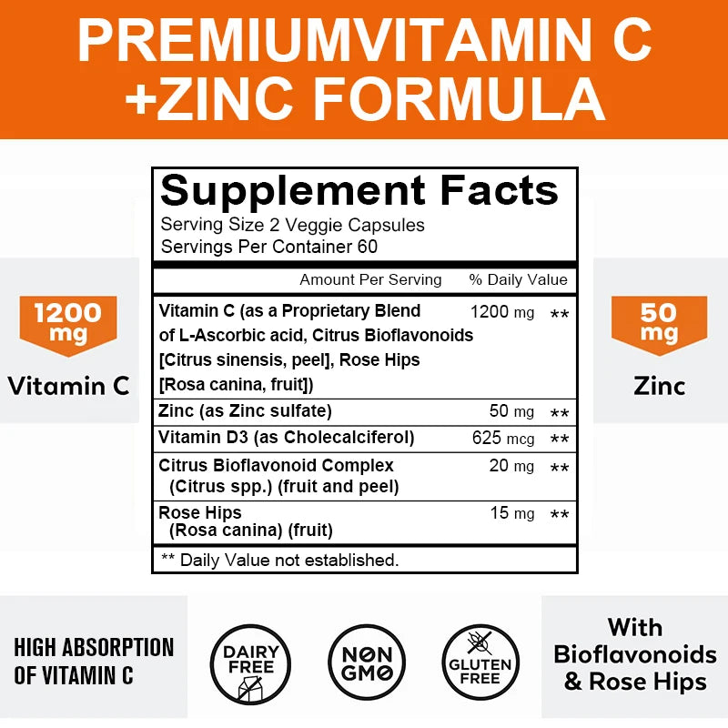 Vitamin C + Zinc Supplement - High Absorption - Immune System, Skin Health - Antioxidant Supplement