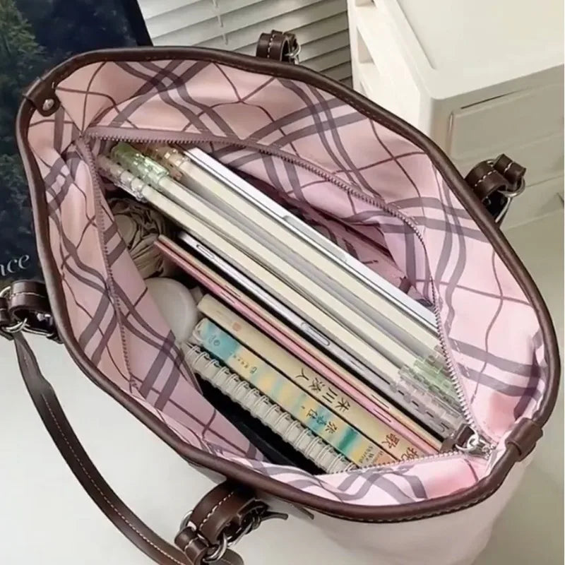Spring and Summer Vintage Plaid Pink Tote Fashion Sweet Lazy Wind Tote Large Capacity High Value Armpit Bags