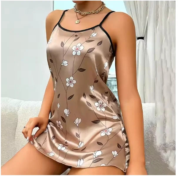 Women Sexy Black Floral Printing Nightdress Sleepwear Nightshirts Silk Nightgowns