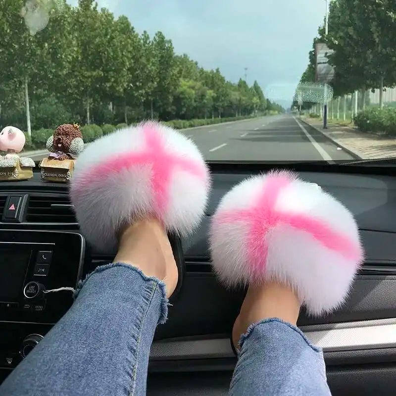 Fur Slippers Women Summer Fluffy Plush Casual Fluffy Flat Non-Slip Real Fox Fur Slides Outdoor Flat Ladies Sandals Flip Flops