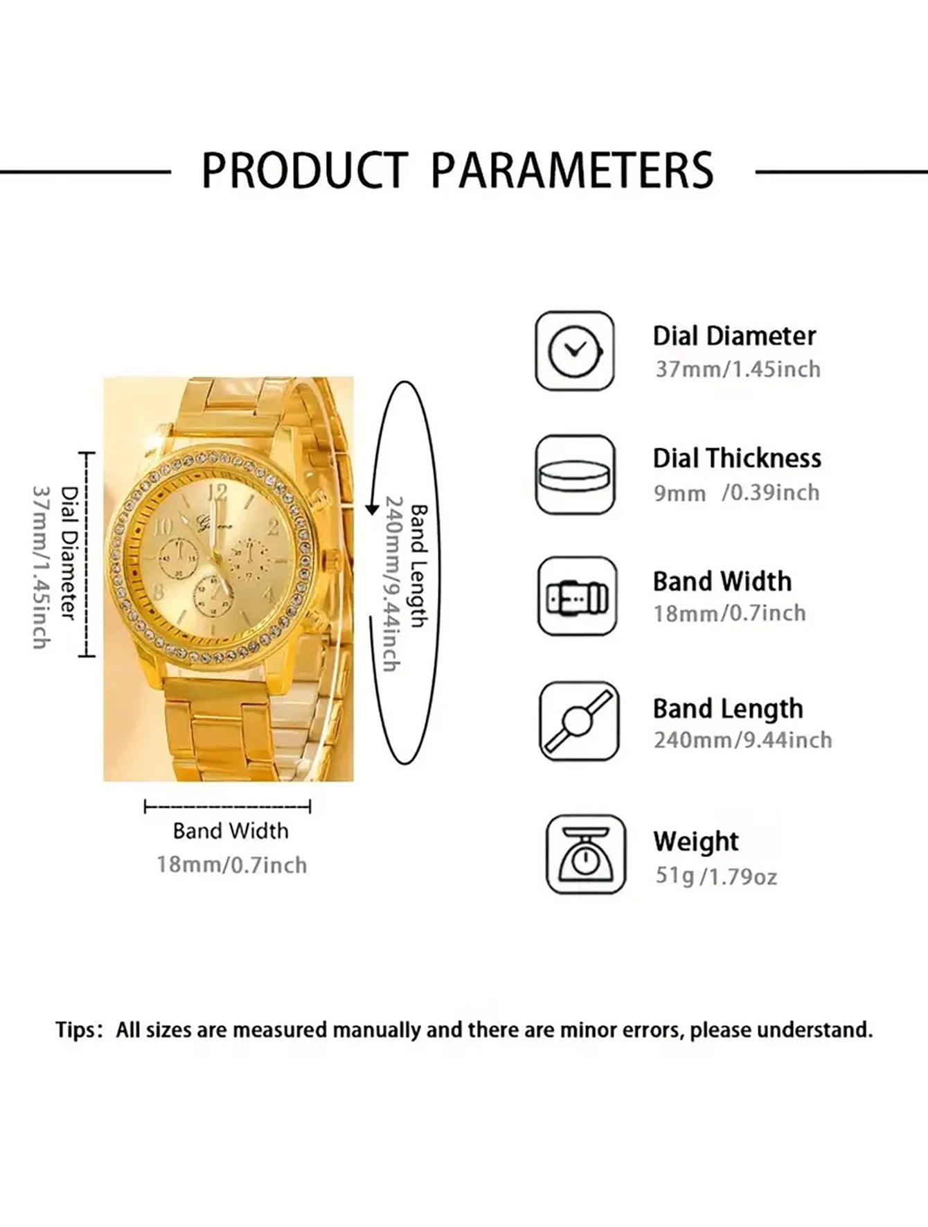 6PCS fashion diamond set rhinestone Ladies gold quartz Steel band Watch with bracelet Ring Necklace Earrings set