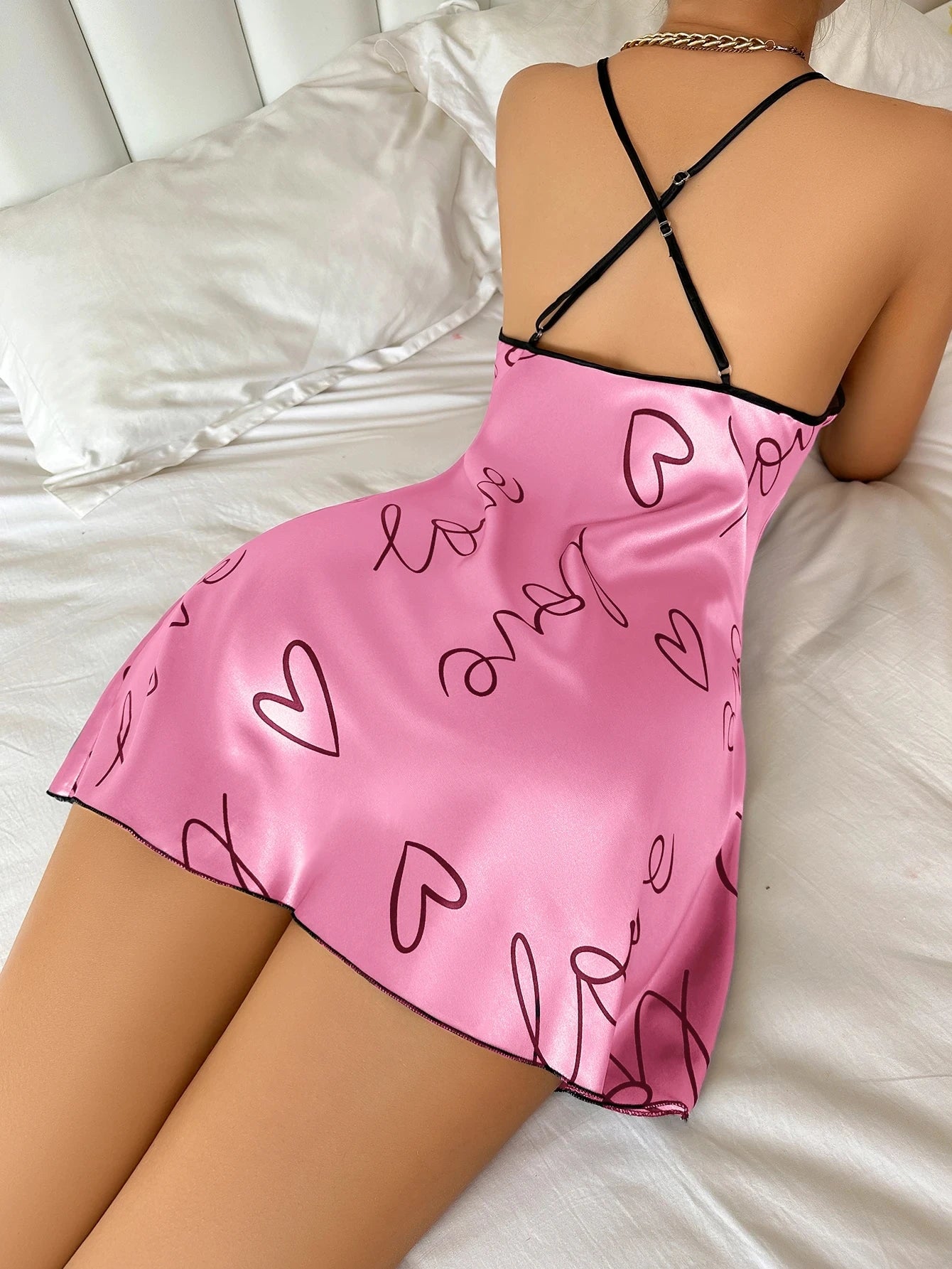Heart Letter Print Nightdress Casual Round Neck Spaghetti Strap Sleepwear