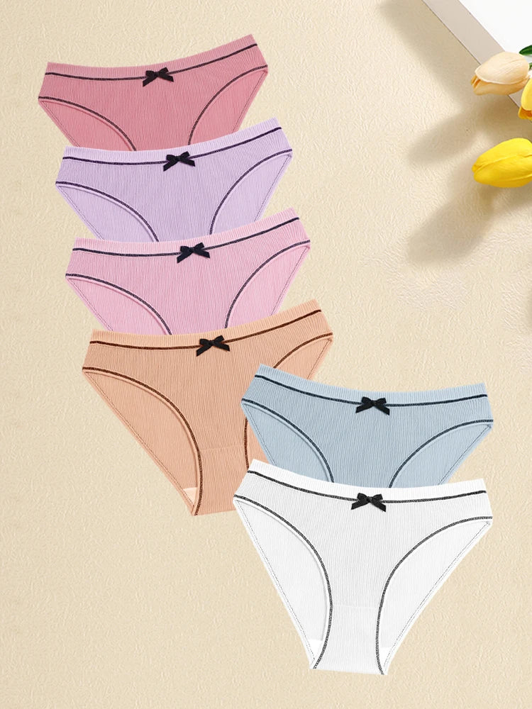 FINETOO 6Pcs Women's Ribbed Underwear Sexy Bow Tie Mid-Waist Panties Girls Solid Color Breathable Briefs Sports Soft Lingerie