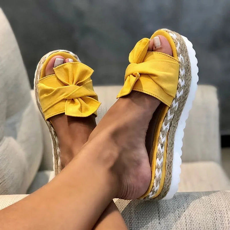 Women Bowknot Sandals  Summer Casual Daily Comfy Slip On Platform Sandals Women's Toe Breathbale Weave Sandals