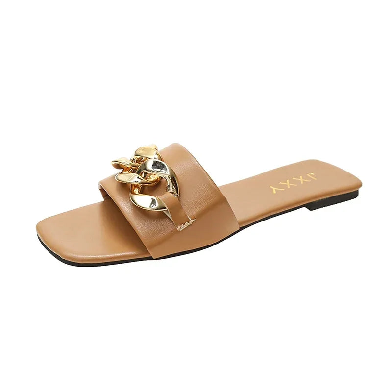 Wide Fit Slip-On Metal Chain Decor Slides For Women, Breathable Open-Toe Summer Casual Sandals With Adjustable Strap