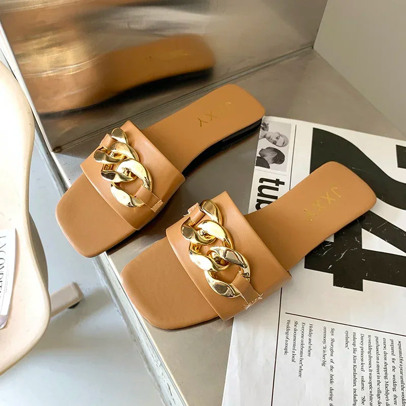 Wide Fit Slip-On Metal Chain Decor Slides For Women, Breathable Open-Toe Summer Casual Sandals With Adjustable Strap