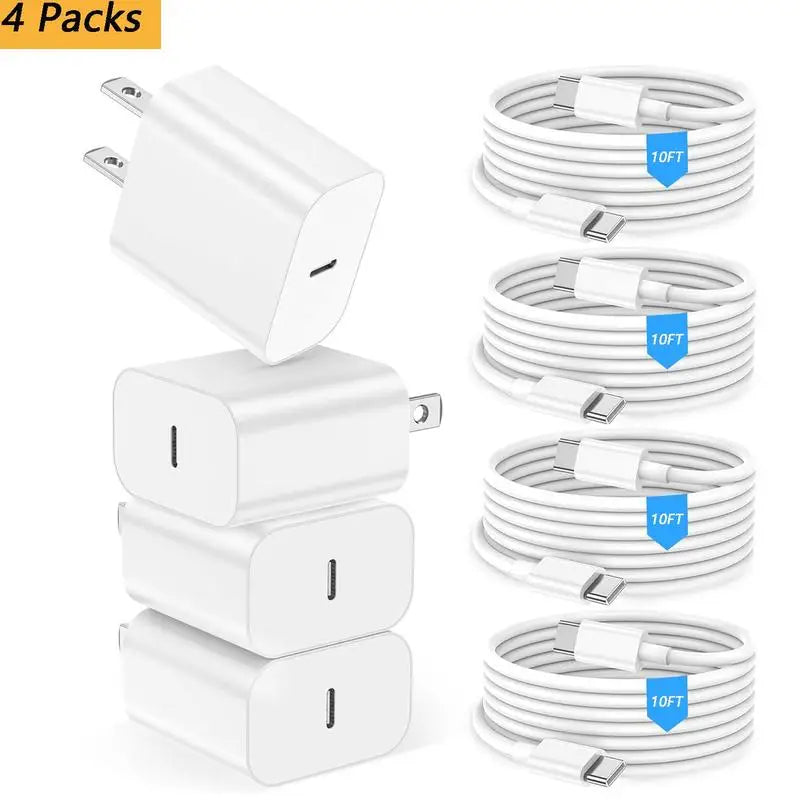 4 Pack 20W USB-C iPhone Fast Charger with Lightning Cable - [MFi Certified] Fast Charger
