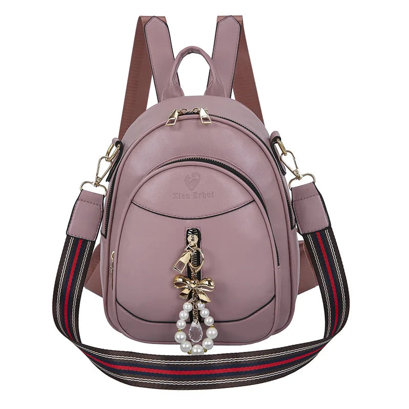 Women Backpacks PU Leather Teenage Shoulder Bags small Pearl Tassel