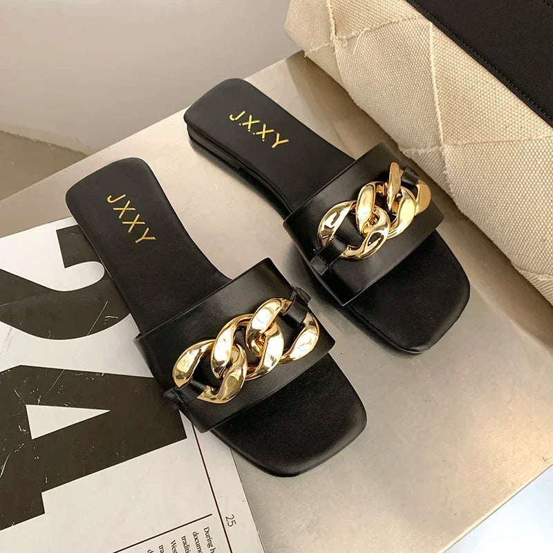 Wide Fit Slip-On Metal Chain Decor Slides For Women, Breathable Open-Toe Summer Casual Sandals With Adjustable Strap