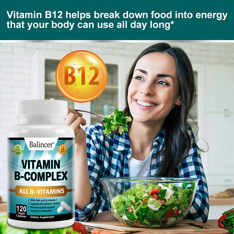 B Vitamins, Folic Acid & Vitamin C Supplement, Immune System Support, Nerve Health & Metabolism, Mood Support 120 Capsules