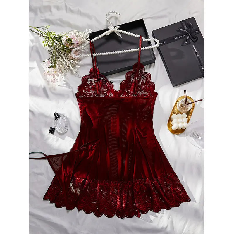 Sleeping See Through Sleepwear Thin Halter Nightdress And Thong Set