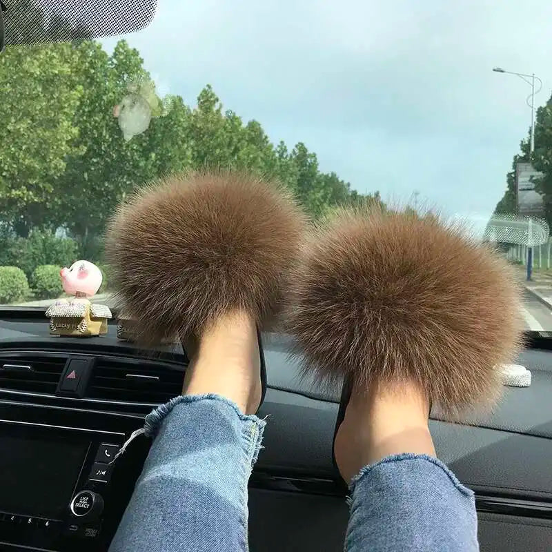 Fur Slippers Women Summer Fluffy Plush Casual Fluffy Flat Non-Slip Real Fox Fur Slides Outdoor Flat Ladies Sandals Flip Flops