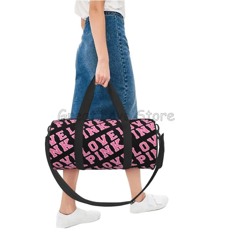 Love Pink Black Portable Sports Gym Yoga Bag Men Large Reusable Water-Resistant Oxford Handbag Vintage Travel Fitness Bag