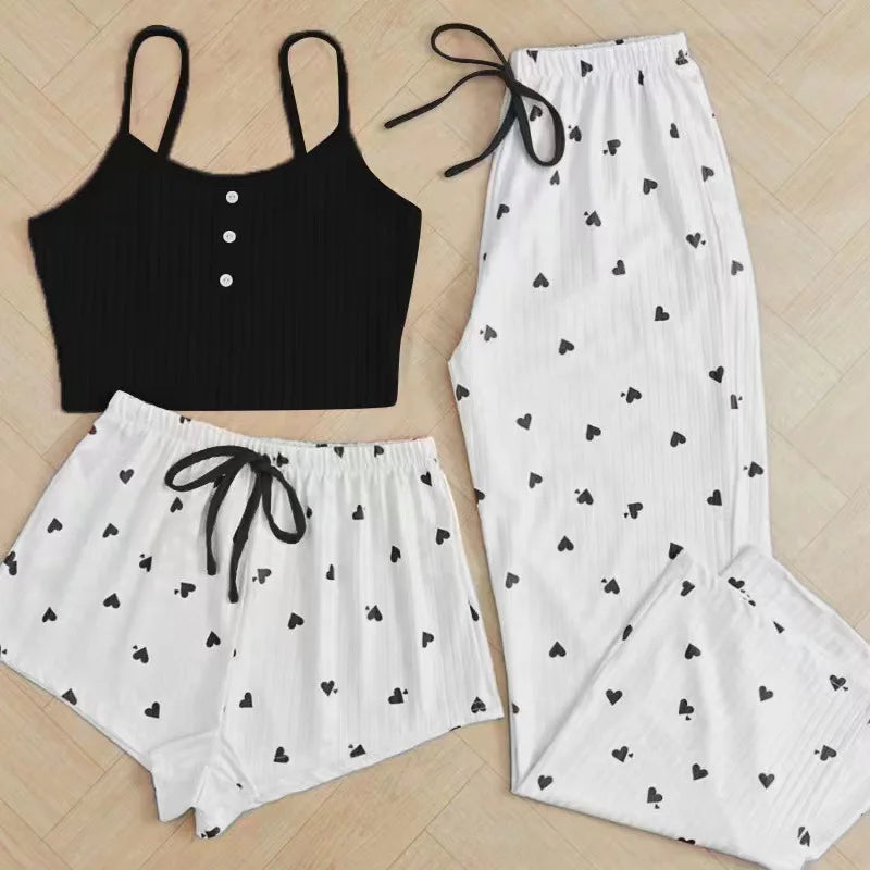 3pcs Women's Pajamas Heart-shaped Printed Vest Shorts And Pants Paired With Ribbed Fabric