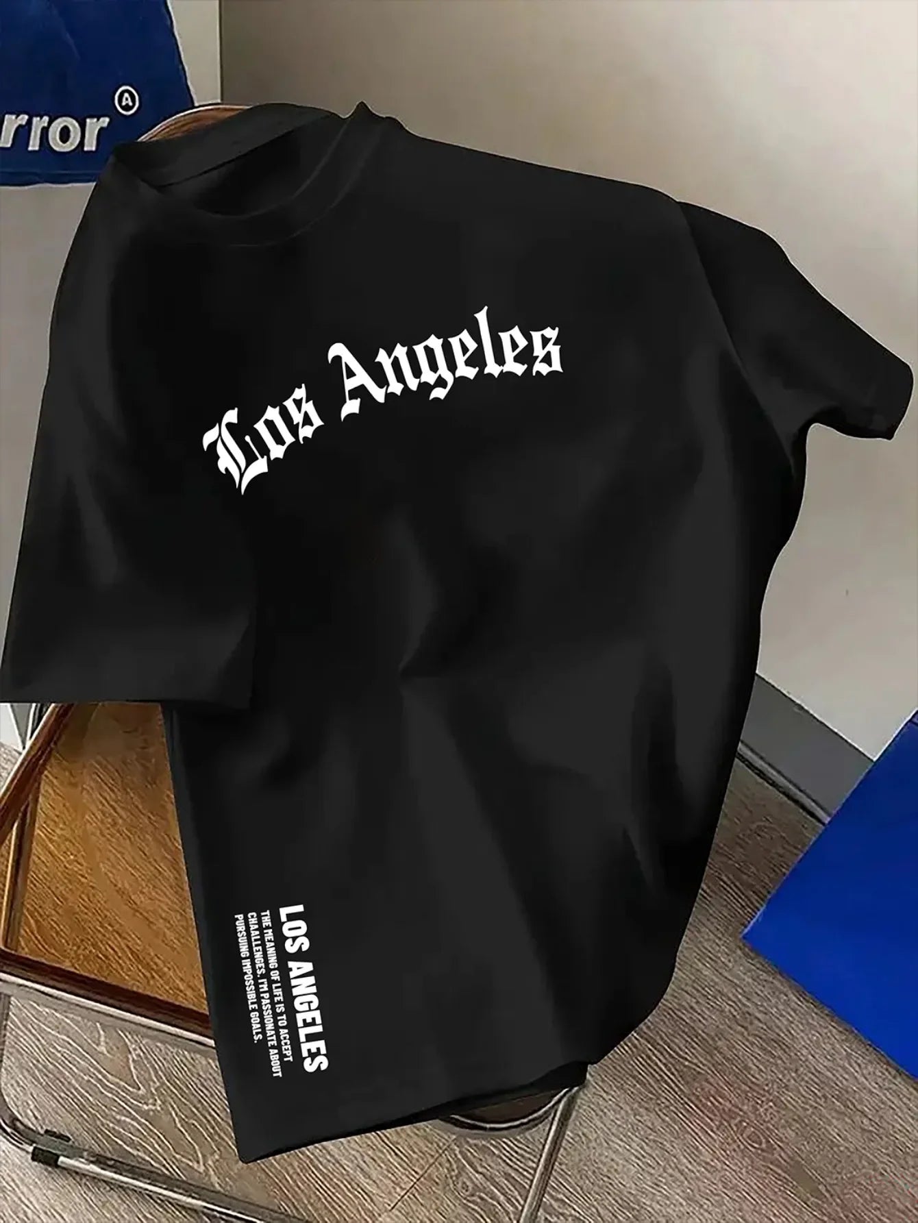 Los Angeles letter print men's summer 100% cotton fashion loose large size casual comfortable round neck short-sleeved top