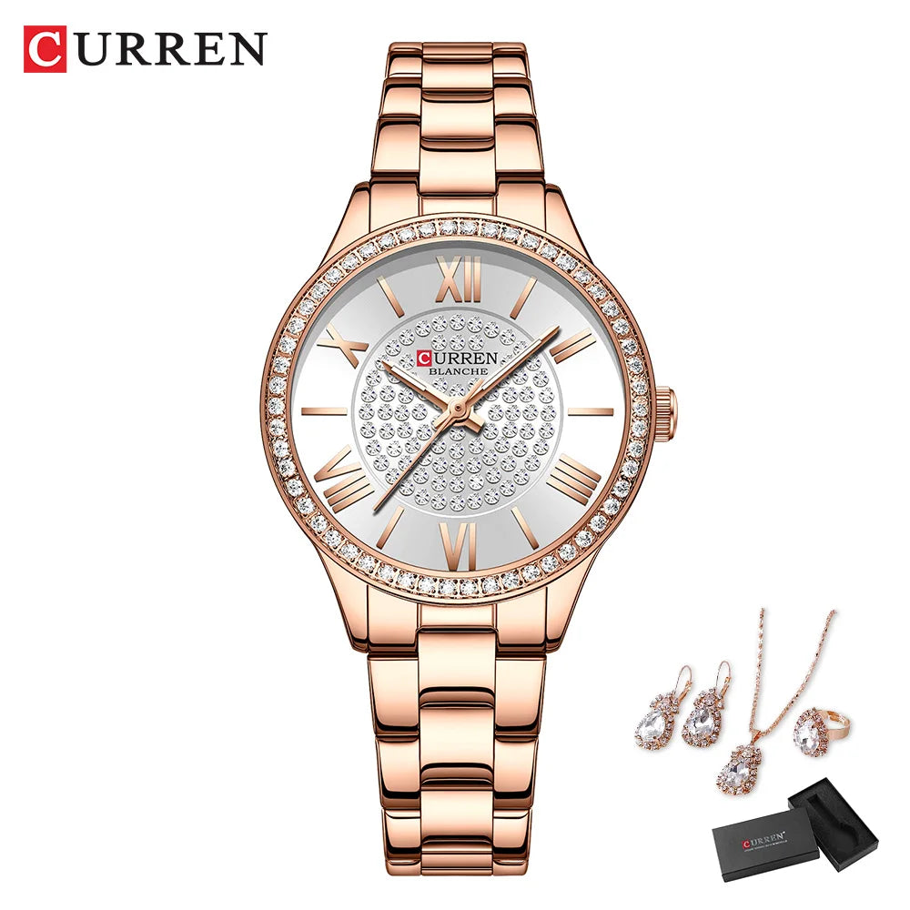 CURREN Luxury Watch Women Ring Necklace Earrings Rhinestone Fashion Wristwatch Female Casual Ladies Watches Bracelet 5PCS Set