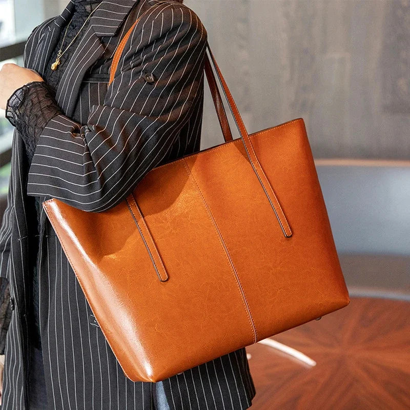 Burminsa Cowhide Genuine Leather Large Tote Bags For Women 2025 Trend Designer A4 Commuter Shoulder Bags Shopper Ladies Handbags