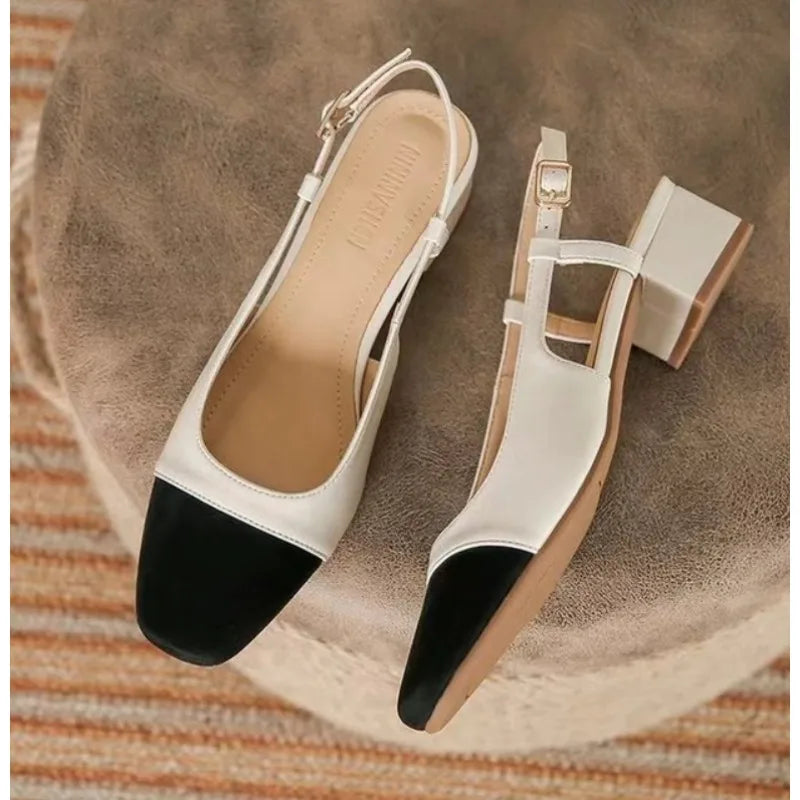Luxury New Women's Sandals Elegant Medium Heel Toe Mules Comfortable Office Women's Shoes Buckle Heels Women Pumps