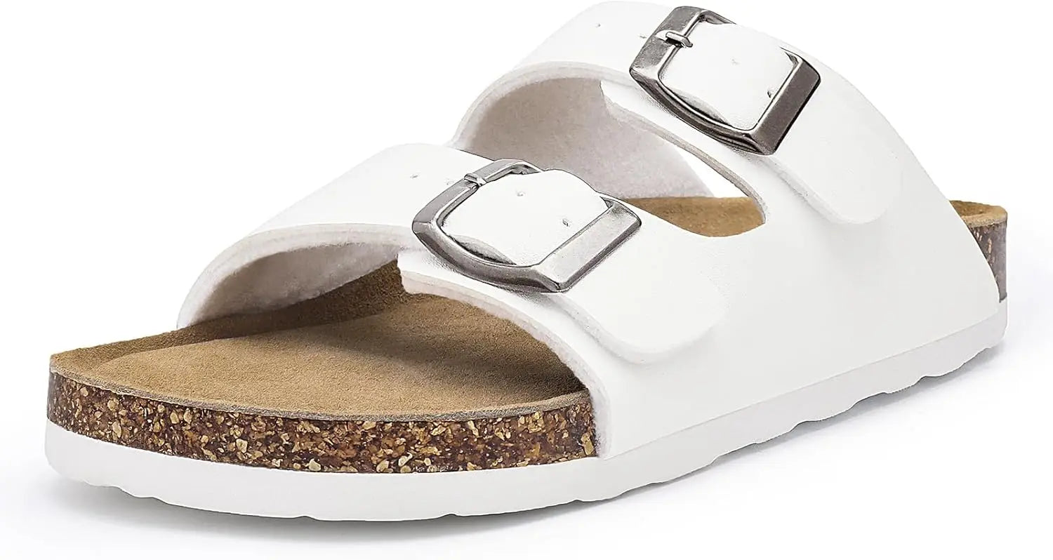 Women's Flat Sandals Cork Footbed Slide Sandals Arch Support Slip on Slides with Adjustable Buckle