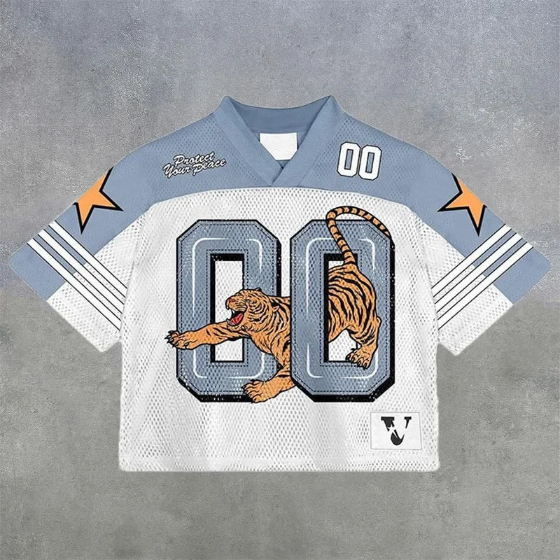 European and American trendy men T-shirts mesh short-sleeved quick-drying football jerseys retro streetwear V-neck loose tops