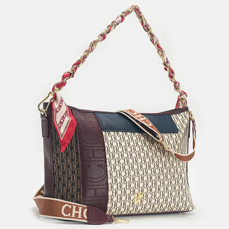CH Fashion Chain Block Letter Print Wrap Silk Scarf Tote Bag Classic Square Shoulder Bag