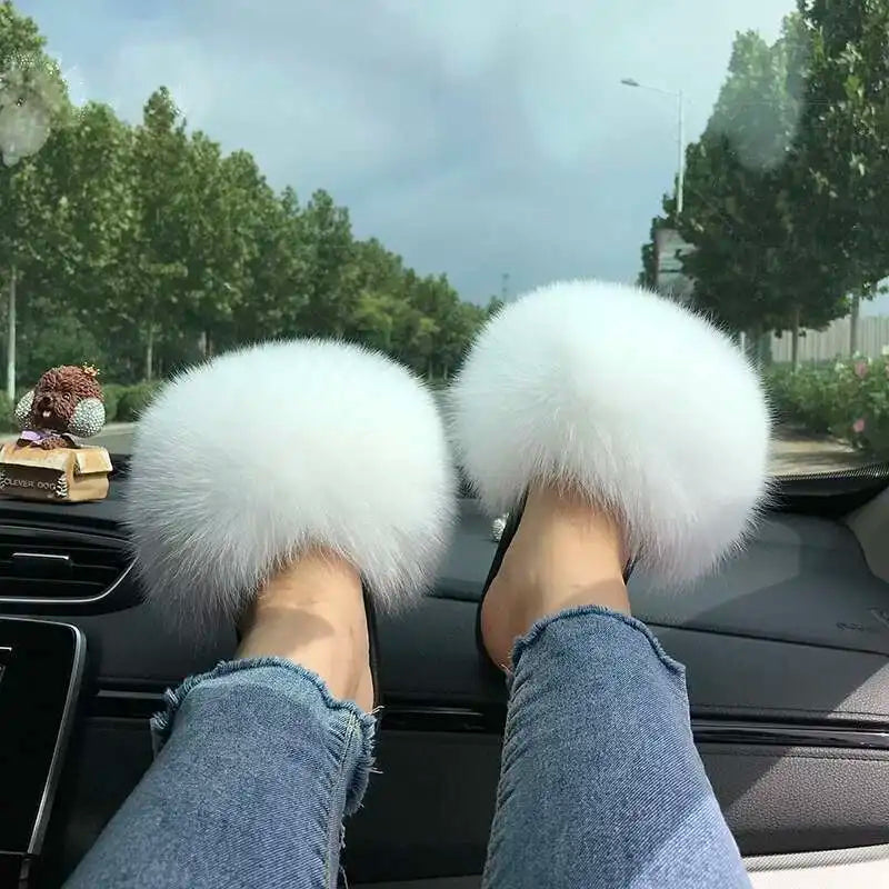 Fur Slippers Women Summer Fluffy Plush Casual Fluffy Flat Non-Slip Real Fox Fur Slides Outdoor Flat Ladies Sandals Flip Flops