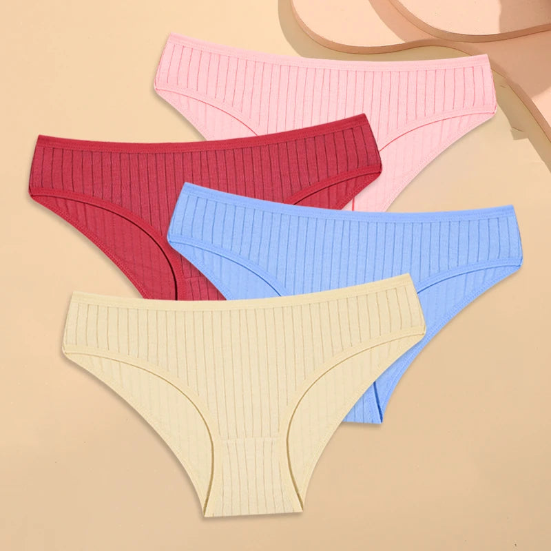 4PCS Cotton Women's Breathable Underwear Sexy Striped Panties Plus Size Low-Waist Briefs Female Comfortable Sport Lingerie S-XXL