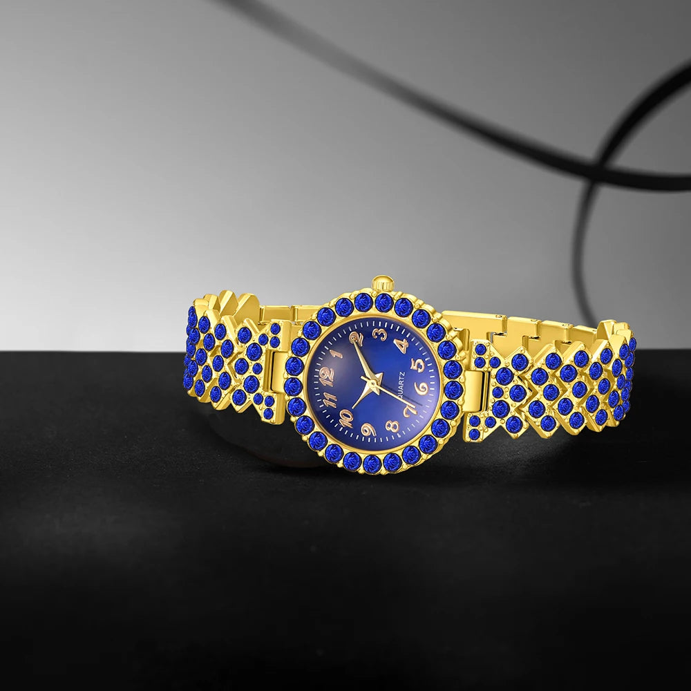 5PCS Blue Women's Watch Set Trendy Fashion Quartz Watch Bracelet Necklace Earrings Set Suitable for Daily Clothing Matching